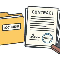 Cartoon icon a a yellow folder and contact with stamp.