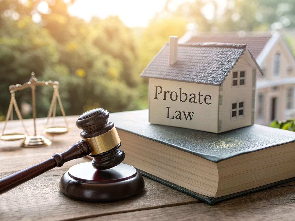 Model house on a law book with judges gavel next to it on a wooden table.